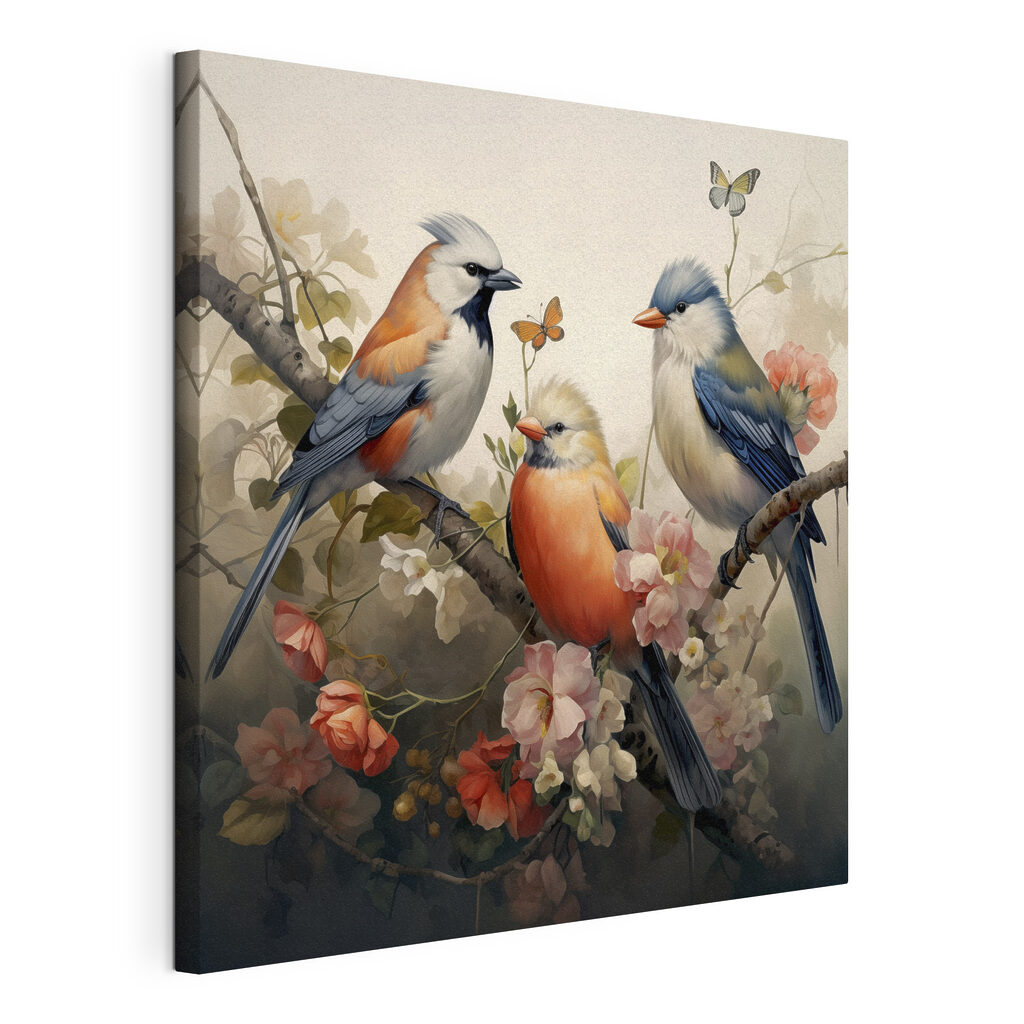 Drie vogels tussen lentebloei, gespannen canvas met doorlopende rand
