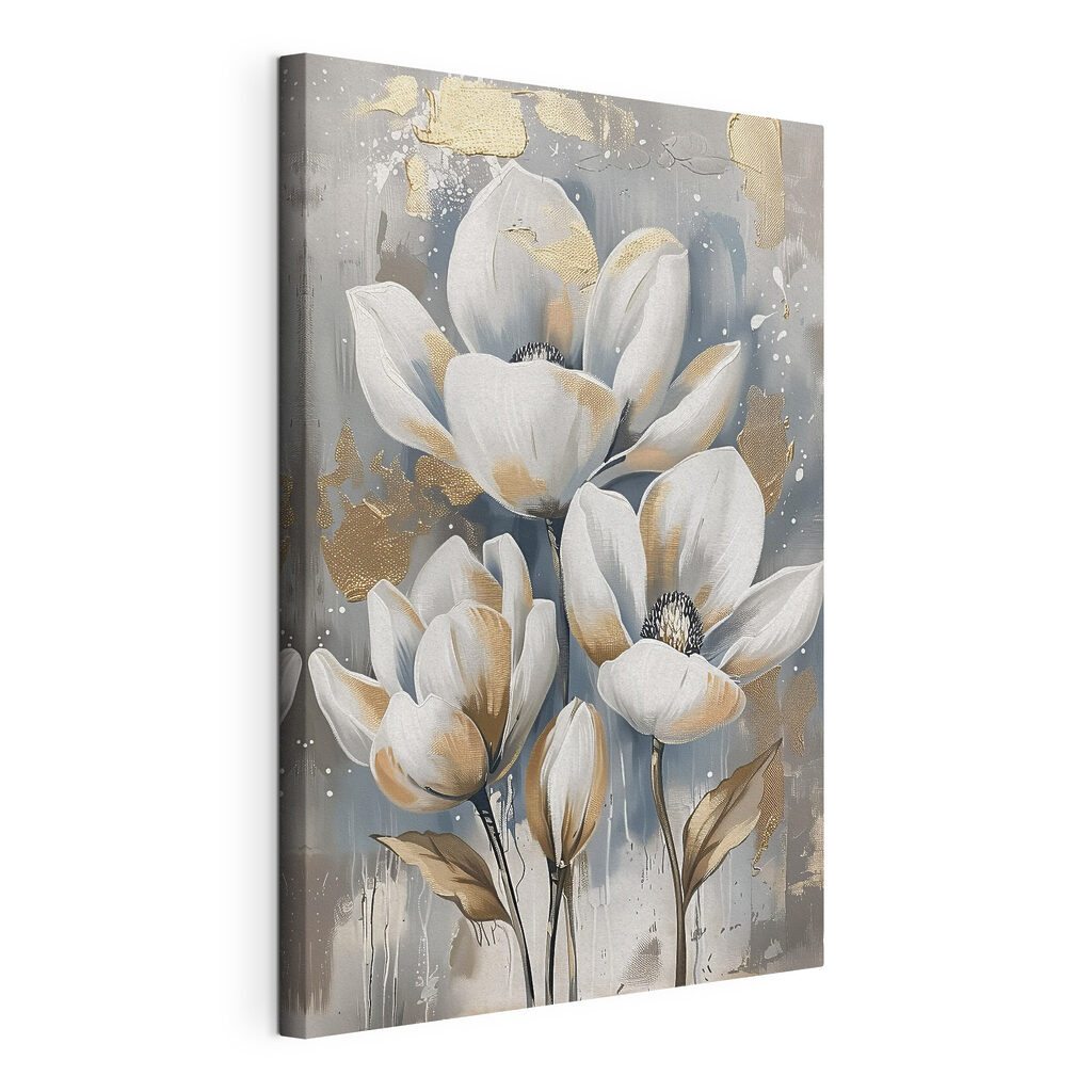 Een boeket witte knoppen, gespannen canvas met doorlopende rand