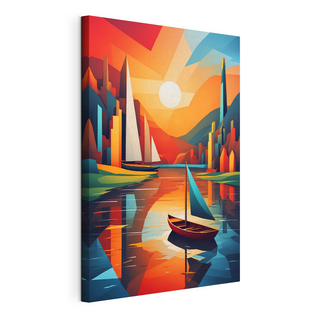 Haven in hoekige kleuren, gespannen canvas met doorlopende rand