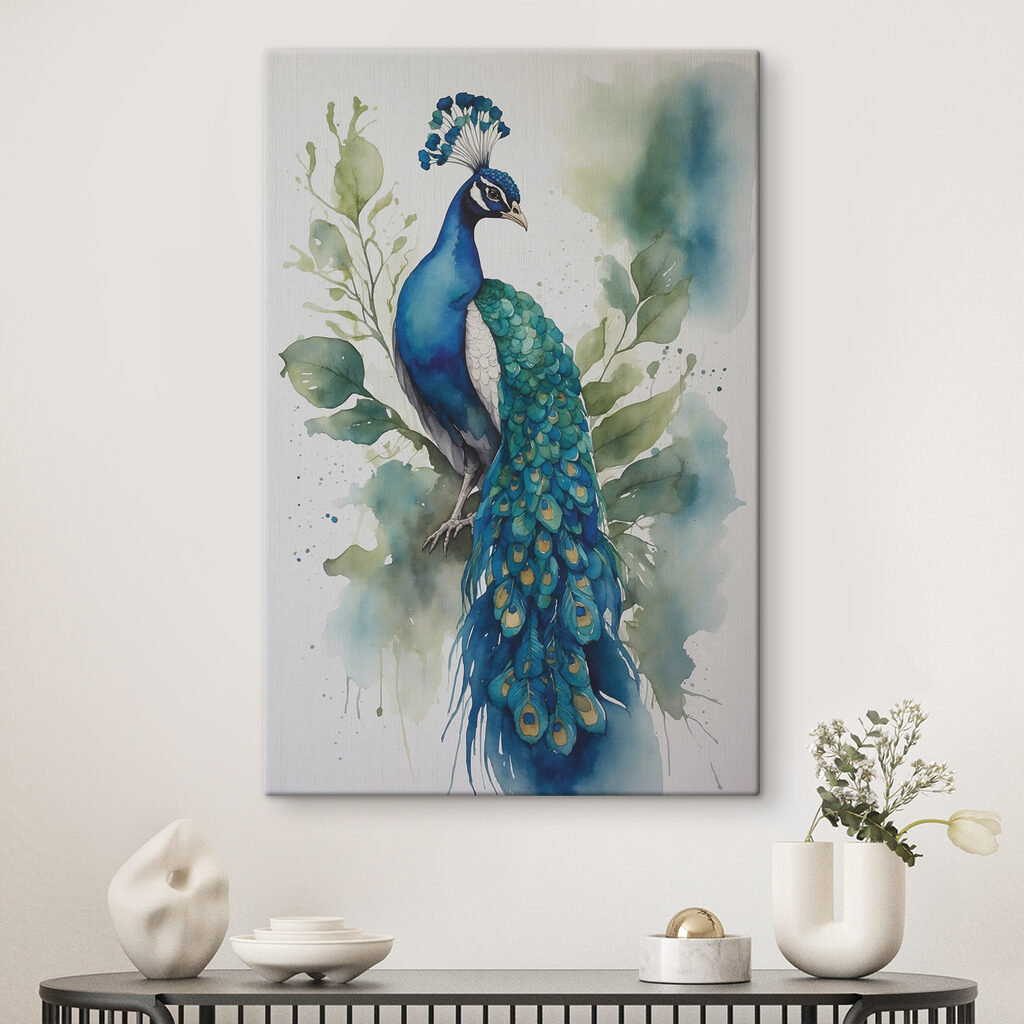 Pauw in zachte aquareltinten in een interieur