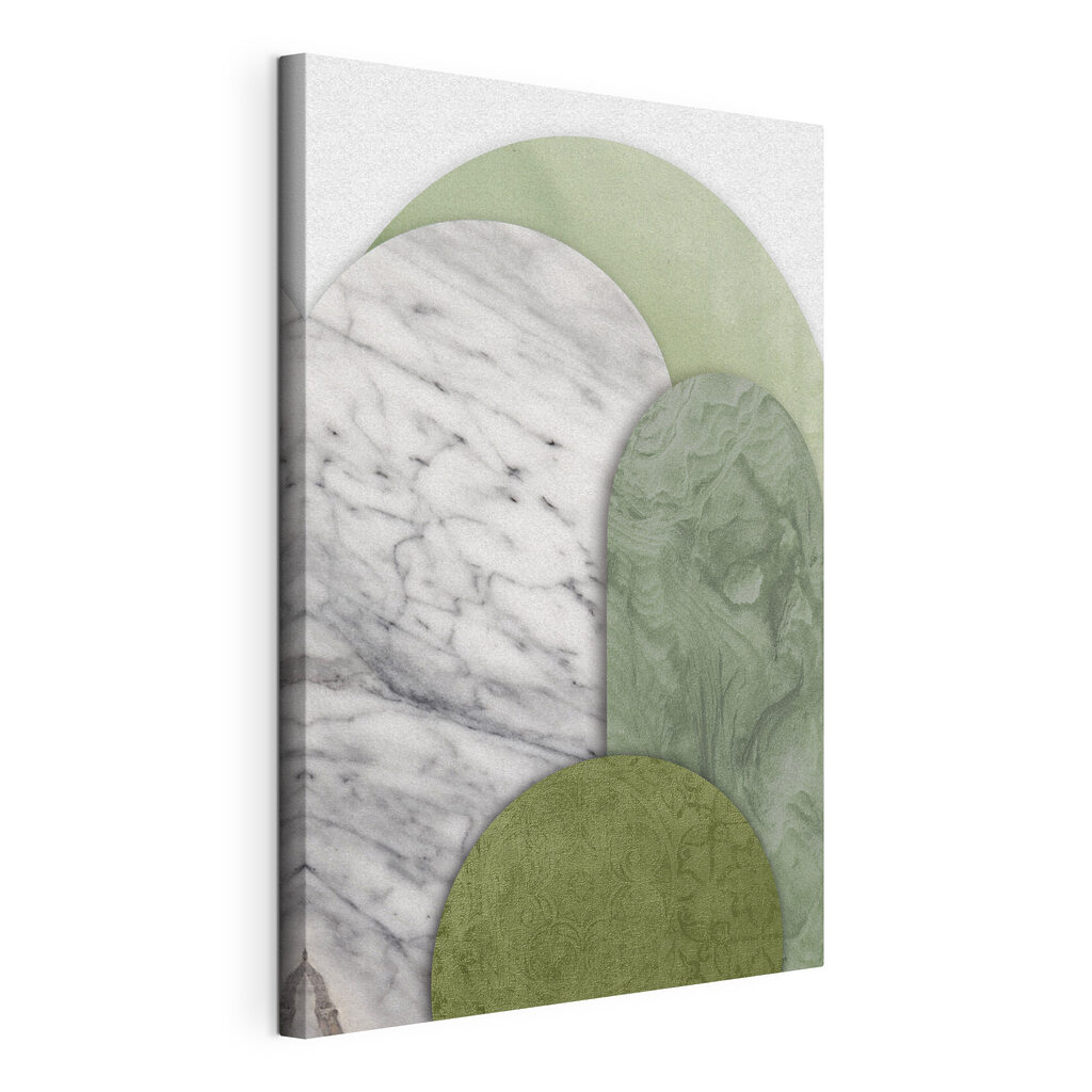 Groene rondingen, witte aders, gespannen canvas met doorlopende rand