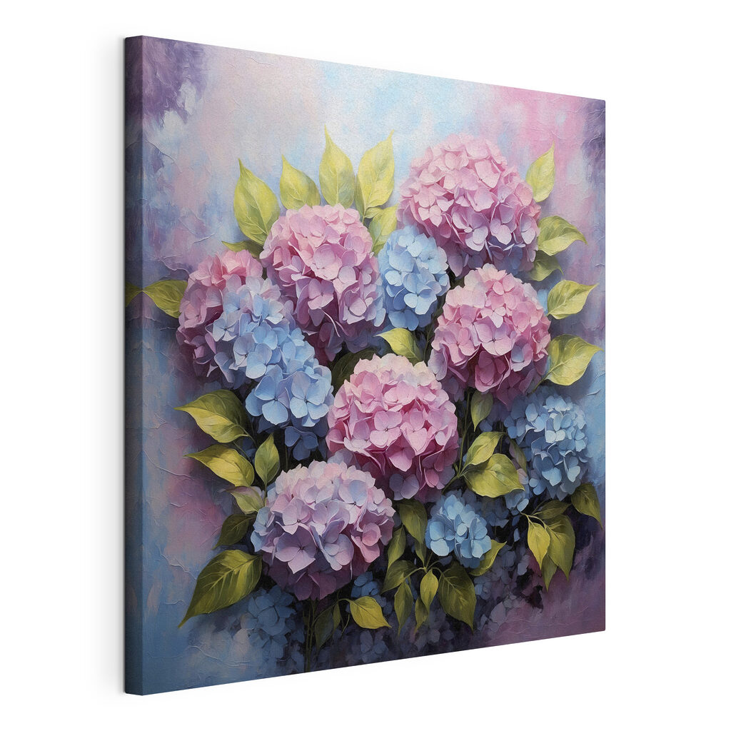 Hortensia’s in roze aquarel, gespannen canvas met doorlopende rand