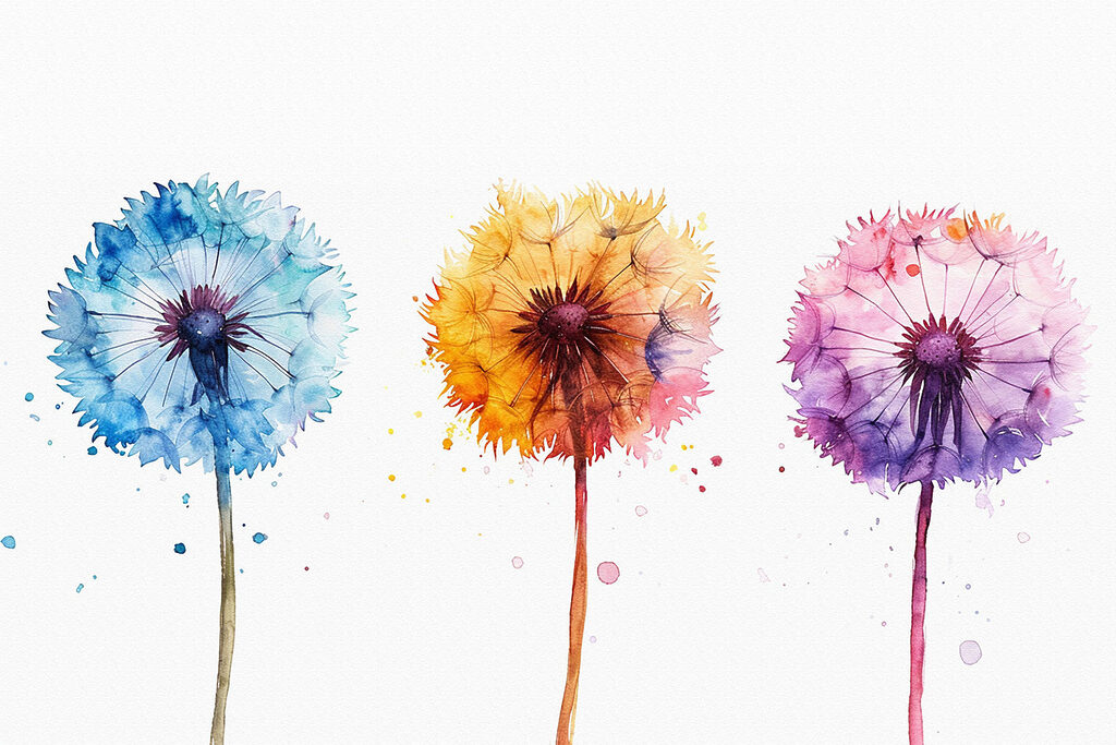Drie pluisbollen in aquarel — volledig ontwerp