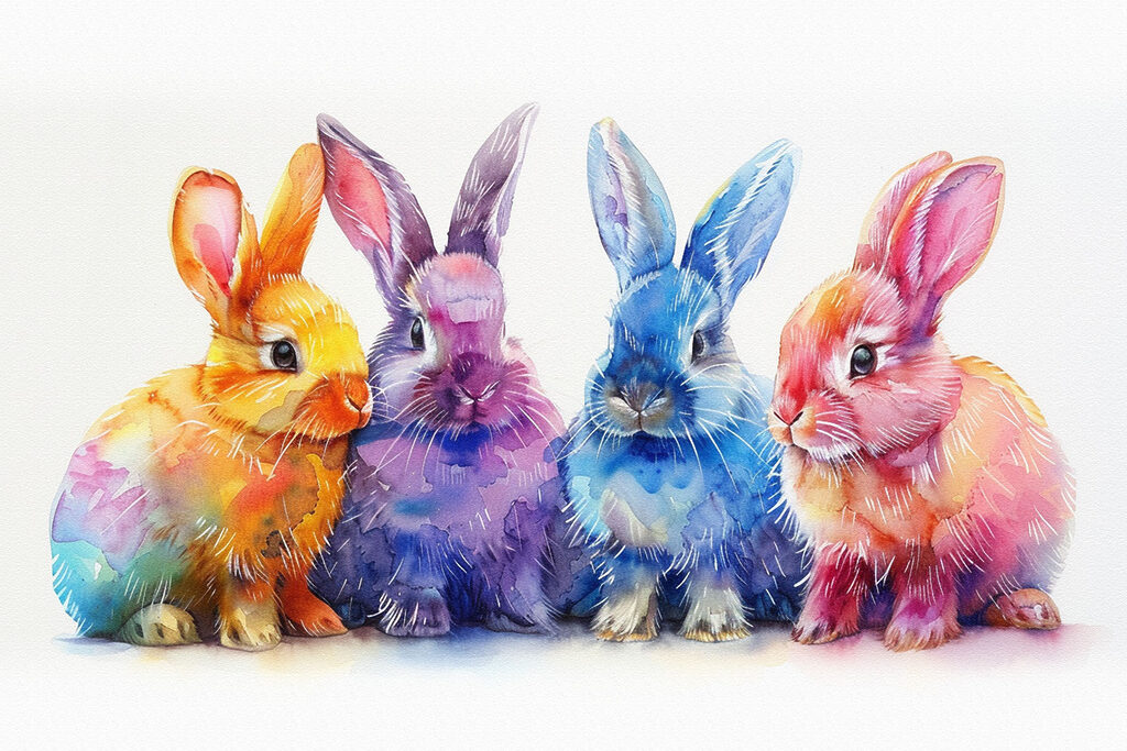 Vier konijntjes in regenboogkleur — volledig ontwerp