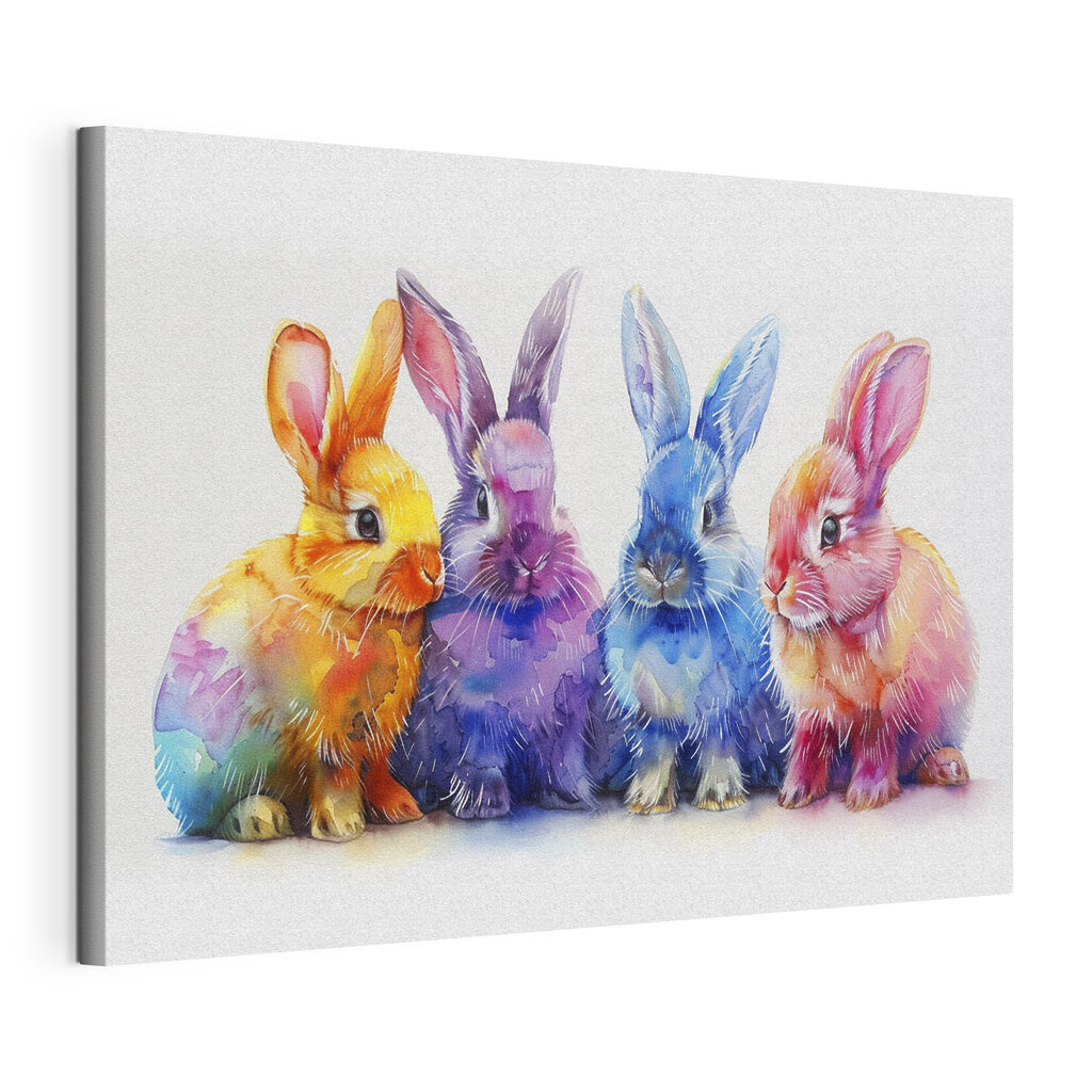 Vier konijntjes in regenboogkleur, gespannen canvas met doorlopende rand