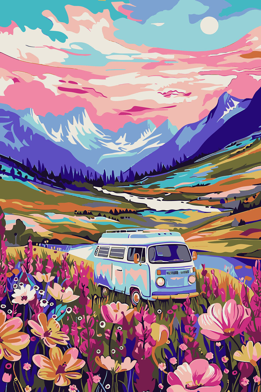 Een busje langs bergbloei — volledig ontwerp