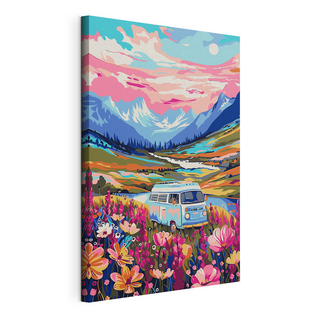 Een busje langs bergbloei, gespannen canvas met doorlopende rand