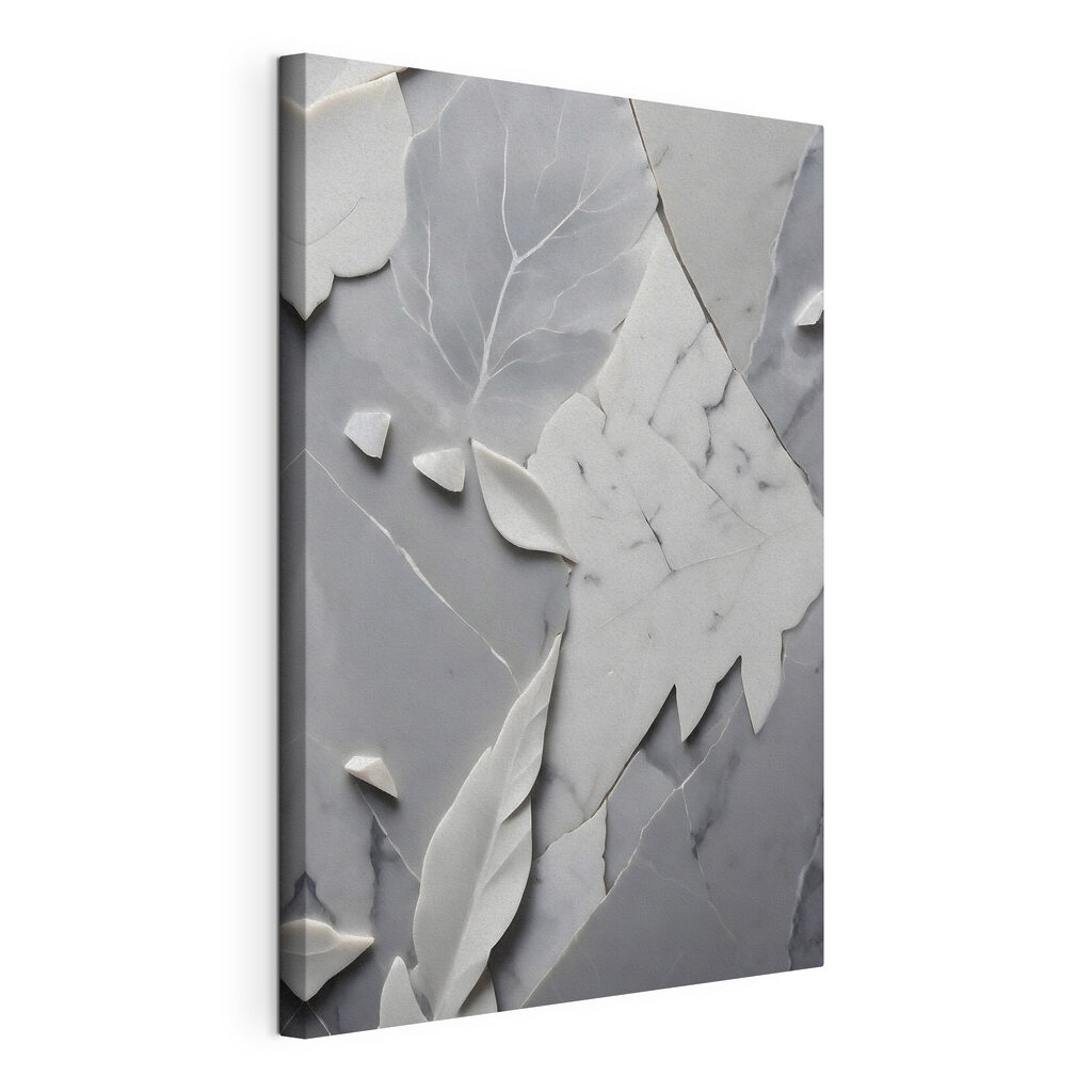 Blad tussen witte scherven, gespannen canvas met doorlopende rand