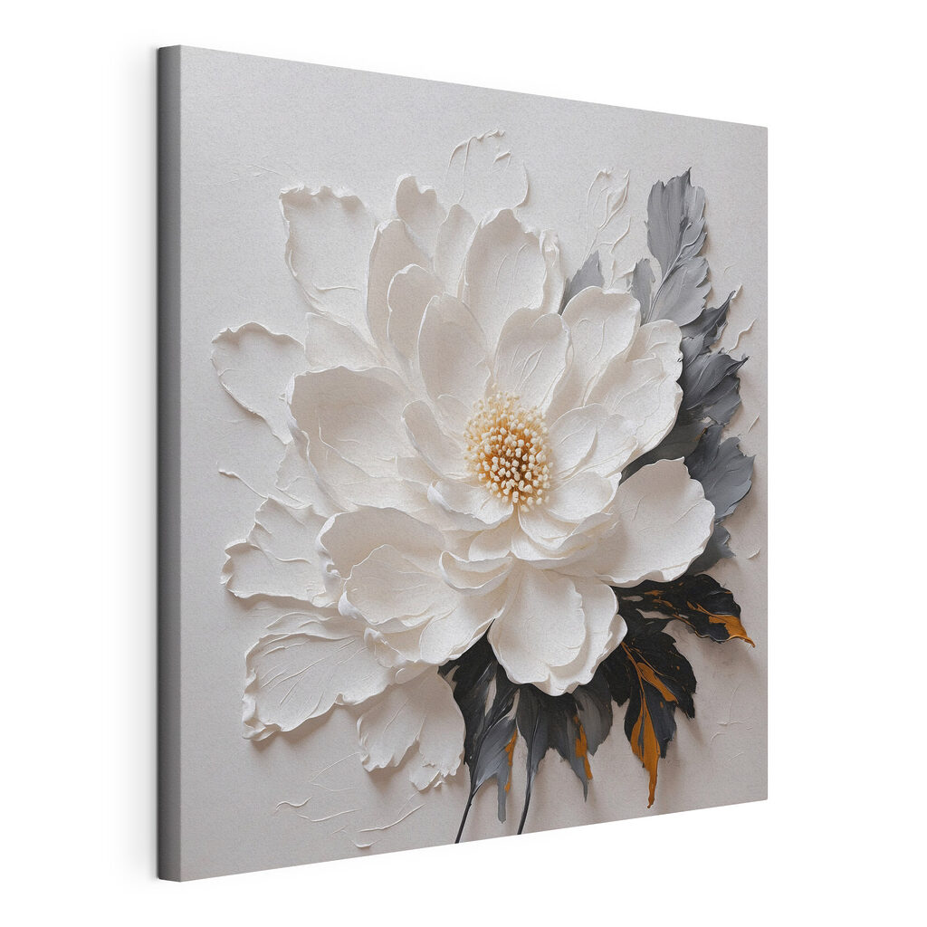 Witte bloem, donkere bladeren, gespannen canvas met doorlopende rand
