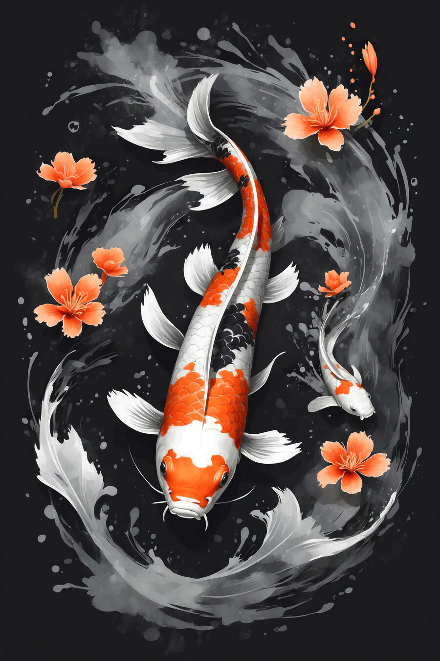 Koi tussen oranje bloemen — volledig ontwerp