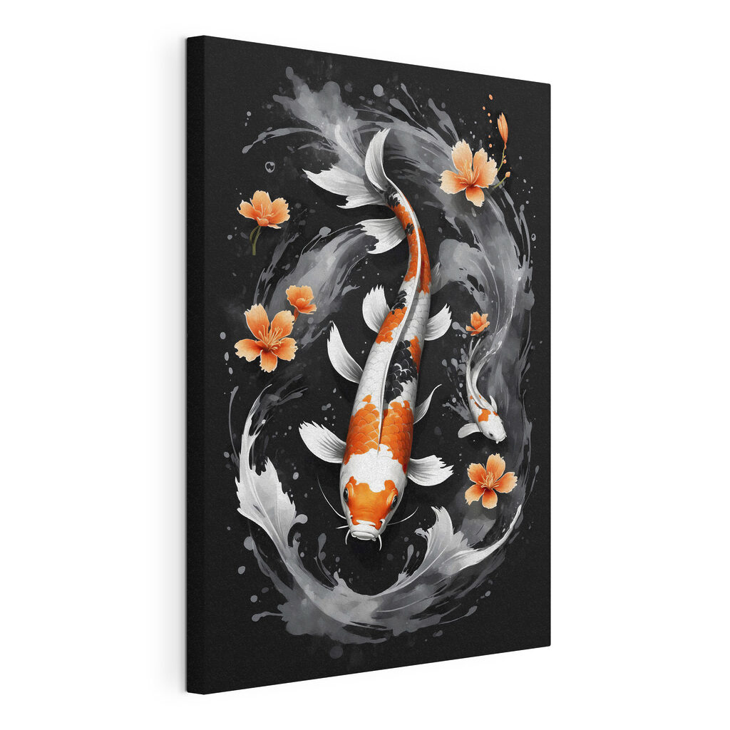 Koi tussen oranje bloemen, gespannen canvas met doorlopende rand