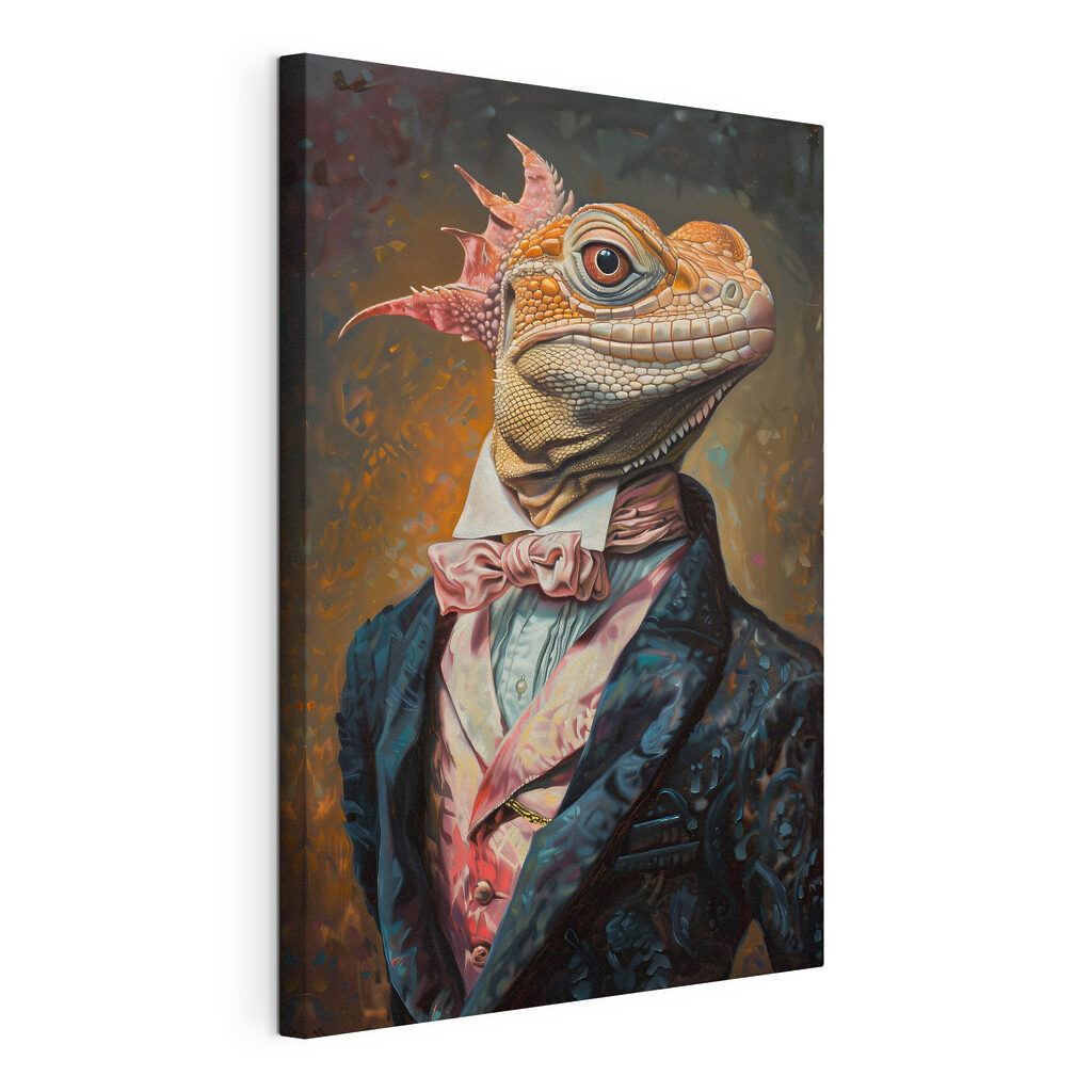 Hagedis in een avondpak, gespannen canvas met doorlopende rand