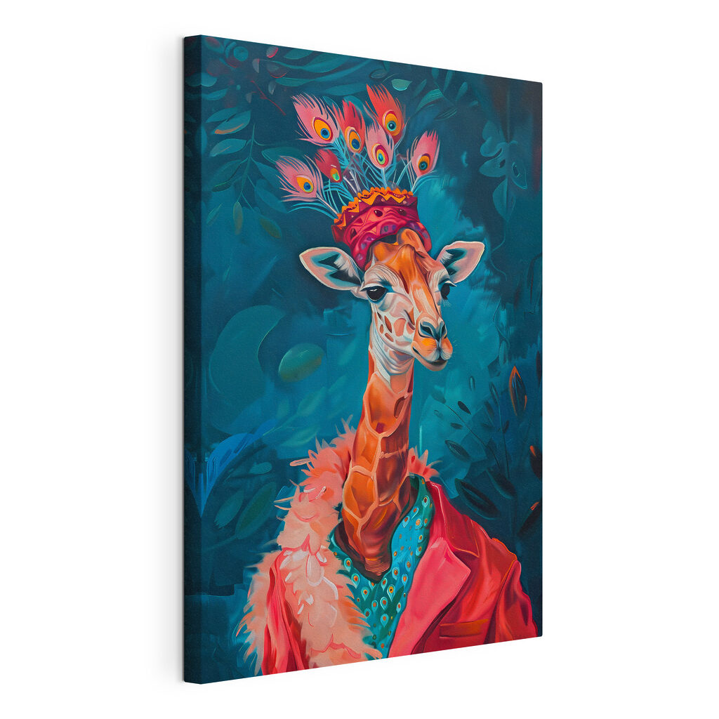 Giraffe met gevederde hoed, gespannen canvas met doorlopende rand