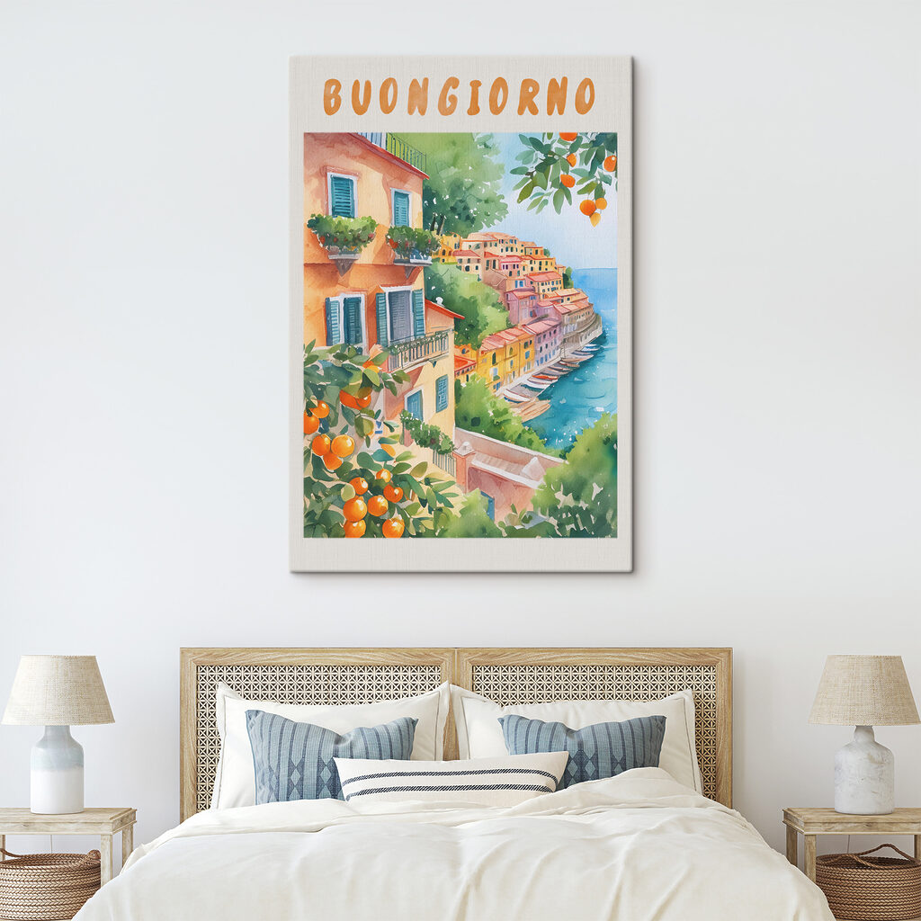 Aquarel van een stadje aan het water in een interieur