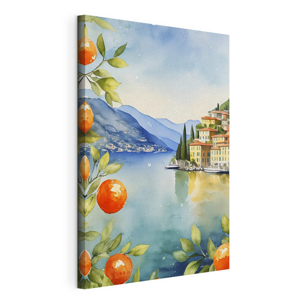 Sinaasappels langs het water, gespannen canvas met doorlopende rand