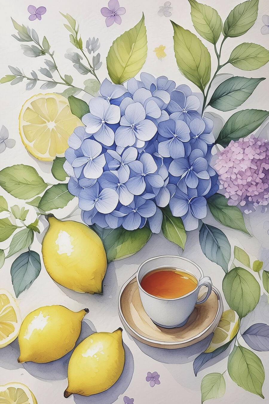 Thee bij blauwe hortensia — volledig ontwerp