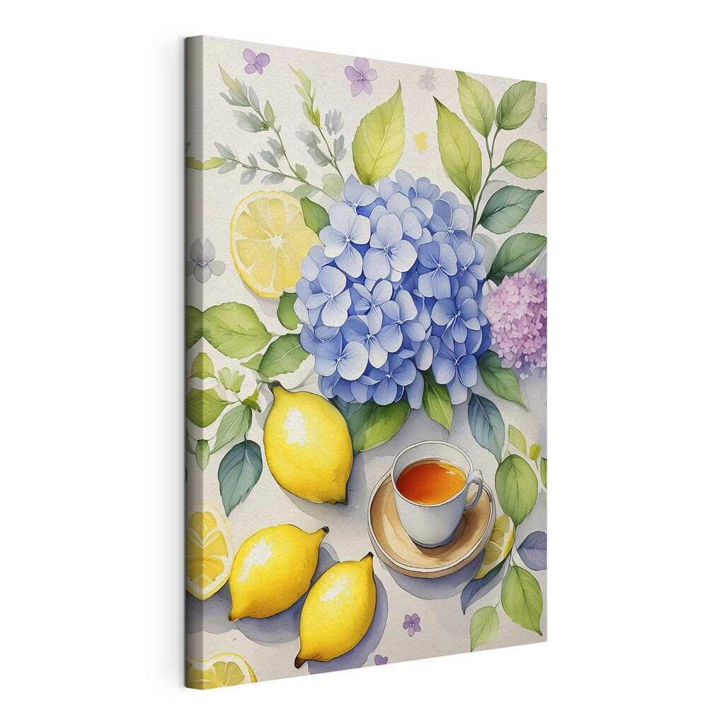 Thee bij blauwe hortensia, gespannen canvas met doorlopende rand