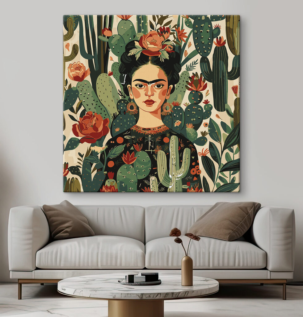 Een schilderij van een vrouw met cactussen in een interieur