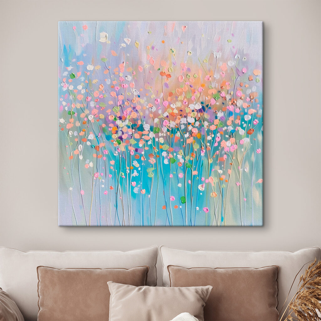 Een schilderij van bloemen op een blauwe achtergrond in een interieur