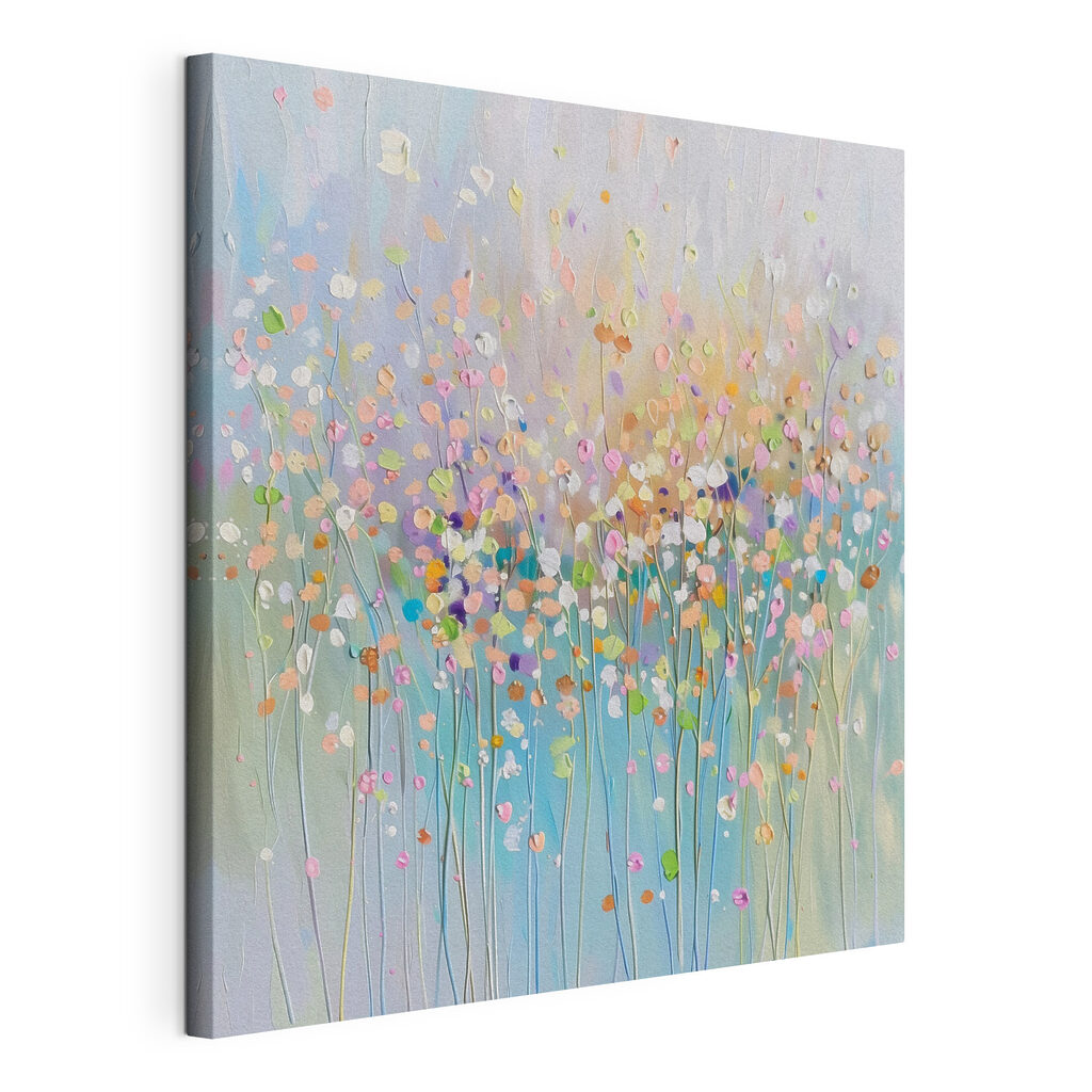 Bloemen als zachte lichtpuntjes, gespannen canvas met doorlopende rand