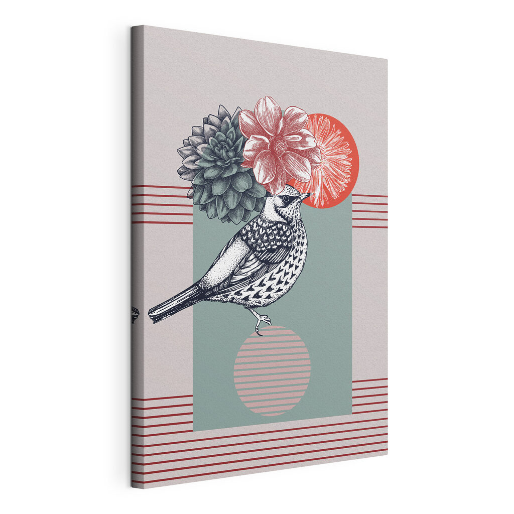 Een vogel draagt bloemen, gespannen canvas met doorlopende rand