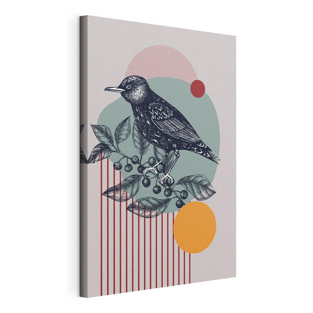 Zwarte vogel tussen cirkels, gespannen canvas met doorlopende rand