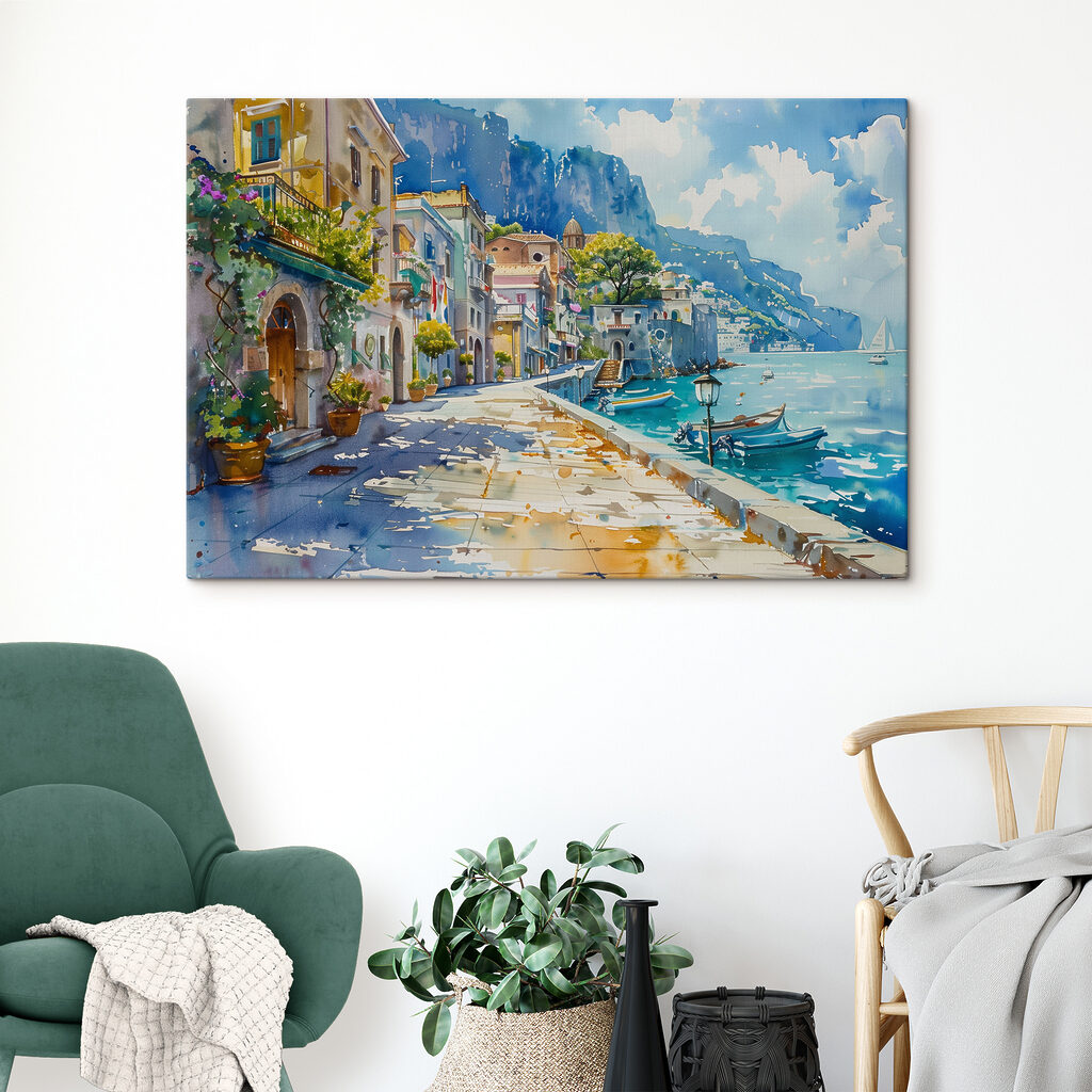 Aquarel van een stad langs een waterlichaam in een interieur