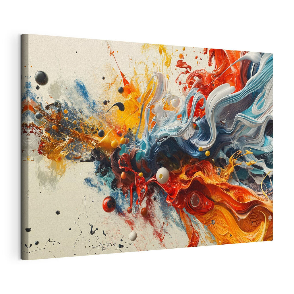 Wervelende kleuren en spatten, gespannen canvas met doorlopende rand