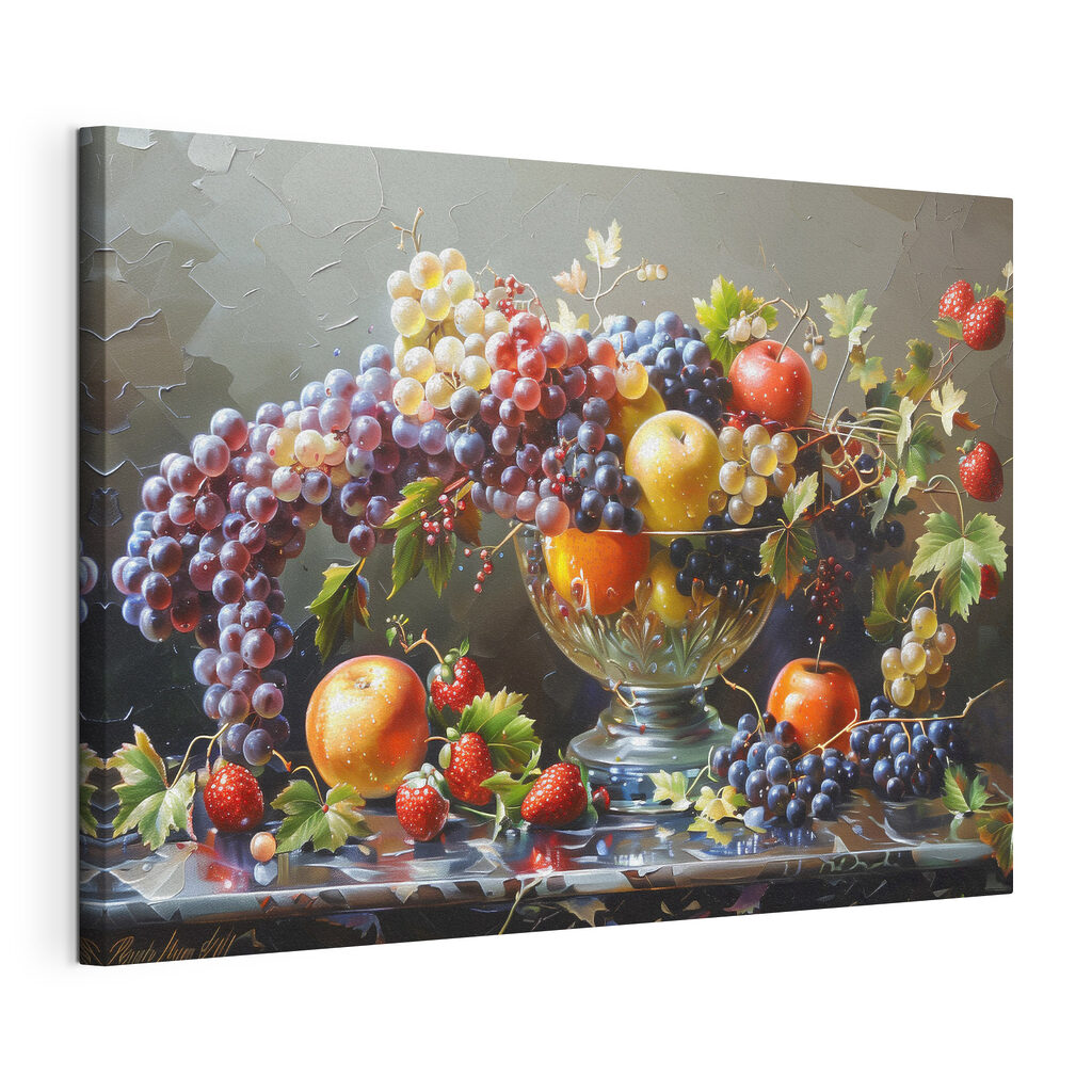 Druiven in een fruitschaal, gespannen canvas met doorlopende rand