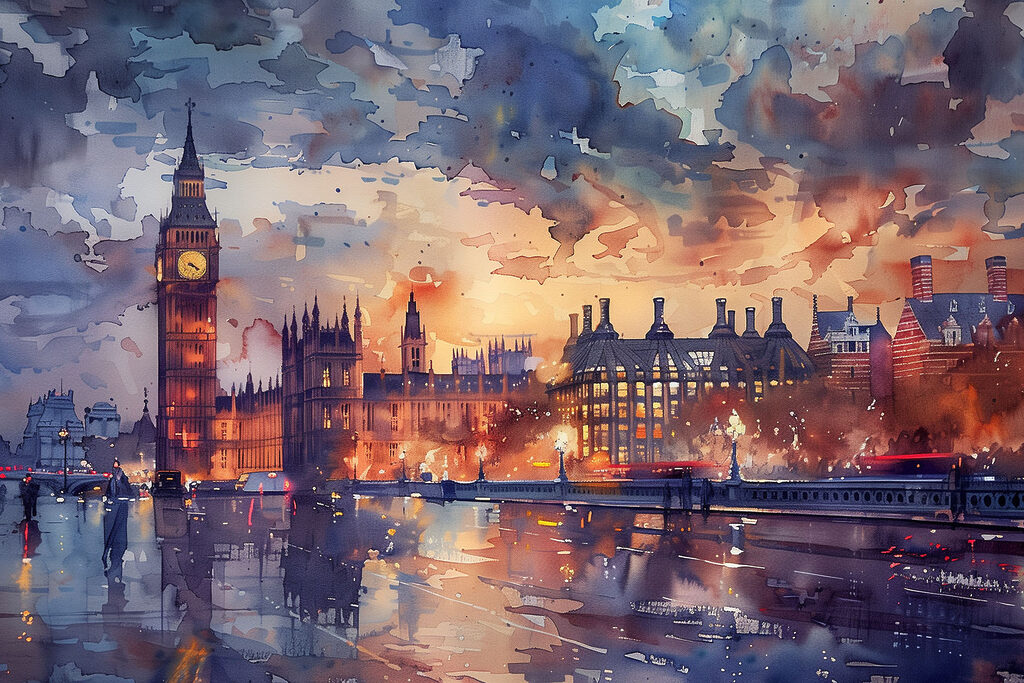 Londen in natte avondkleuren — volledig ontwerp