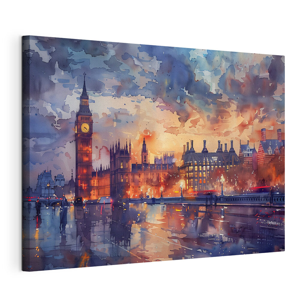 Londen in natte avondkleuren, gespannen canvas met doorlopende rand
