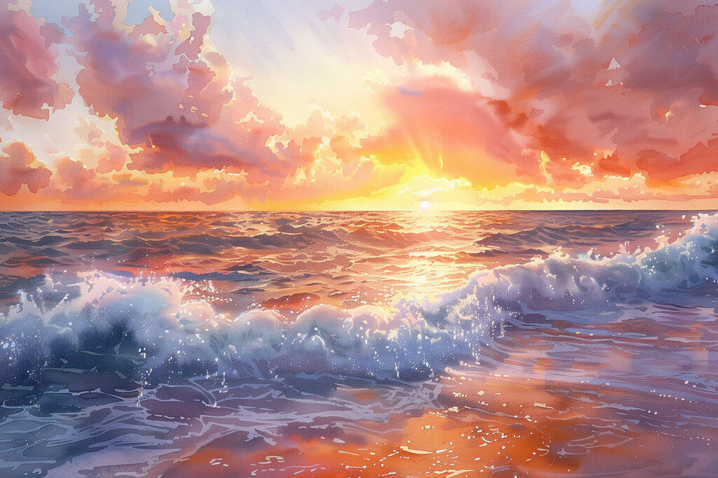 Roze wolken boven branding — volledig ontwerp