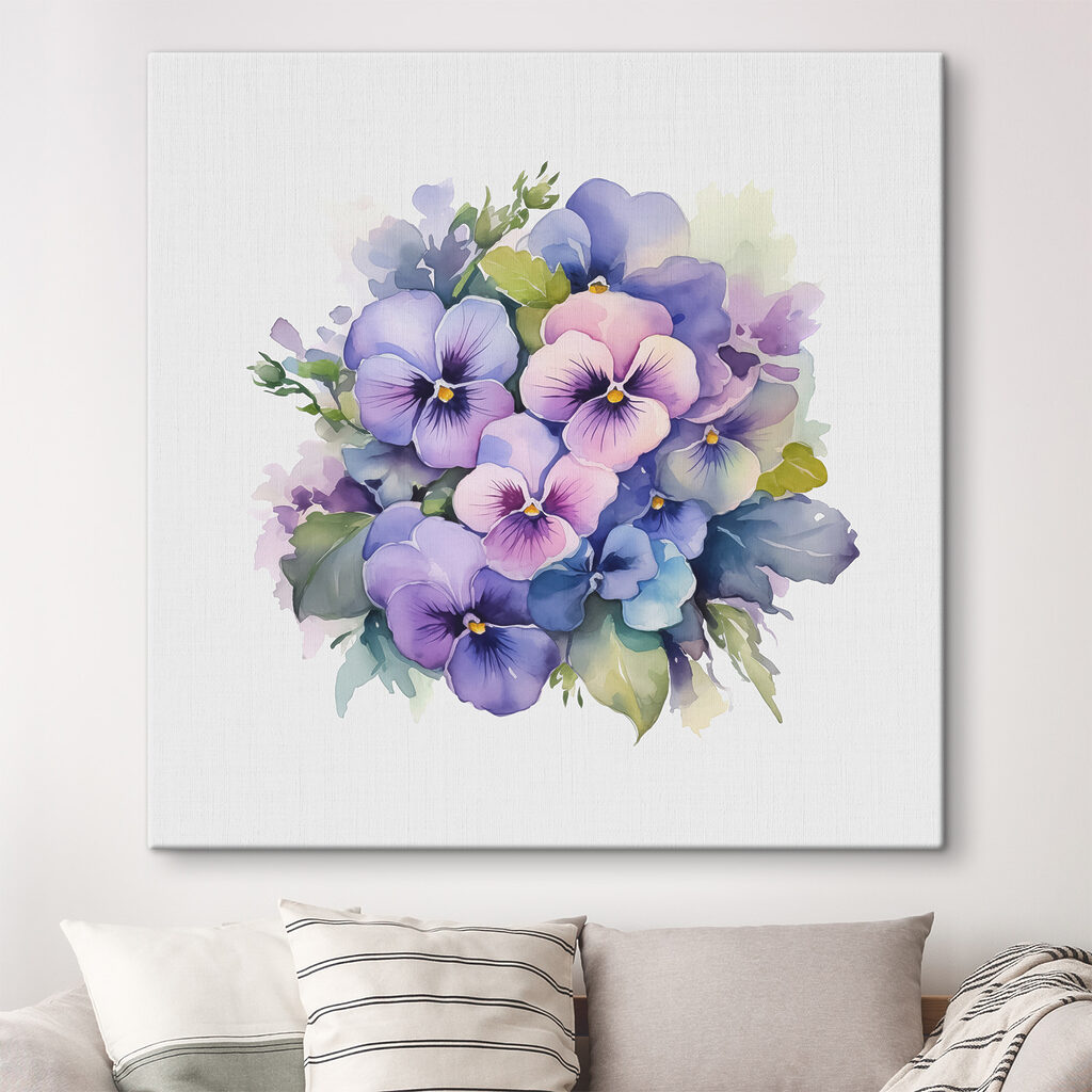 Een boeket paarse en blauwe bloemen in een interieur