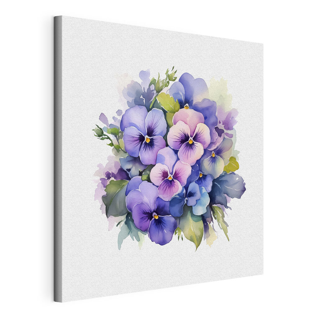 Viooltjes in zachte aquarel, gespannen canvas met doorlopende rand