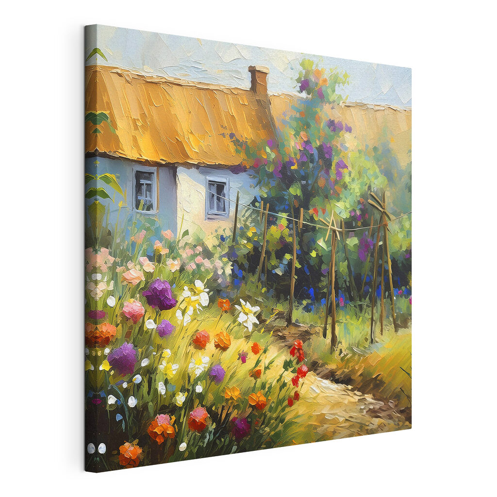 Bloementuin bij het huisje, gespannen canvas met doorlopende rand