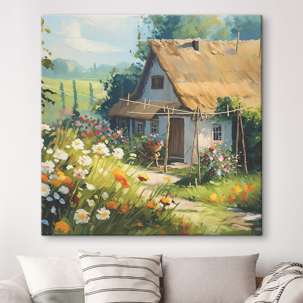 Een huisje tussen margrieten in een interieur