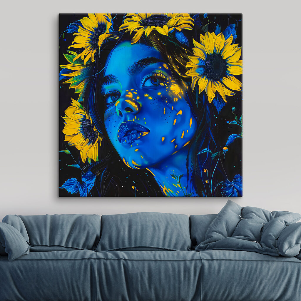 Zonnebloemen rond haar gezicht — interieur 1