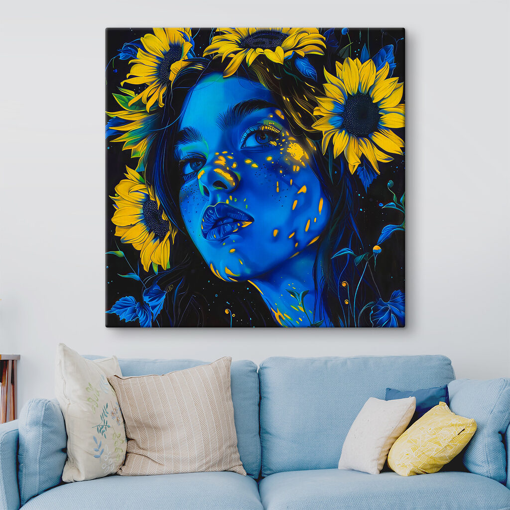 Zonnebloemen rond haar gezicht — interieur 2