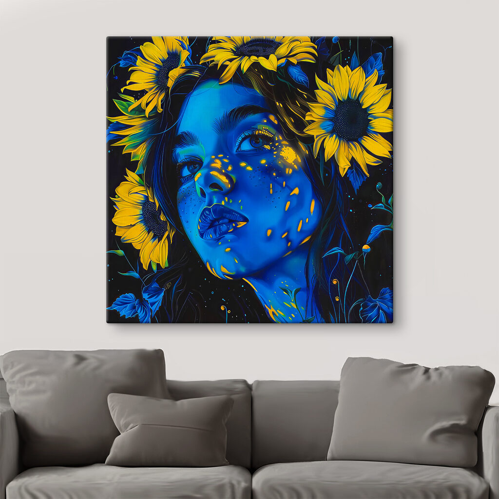 Zonnebloemen rond haar gezicht — interieur 3