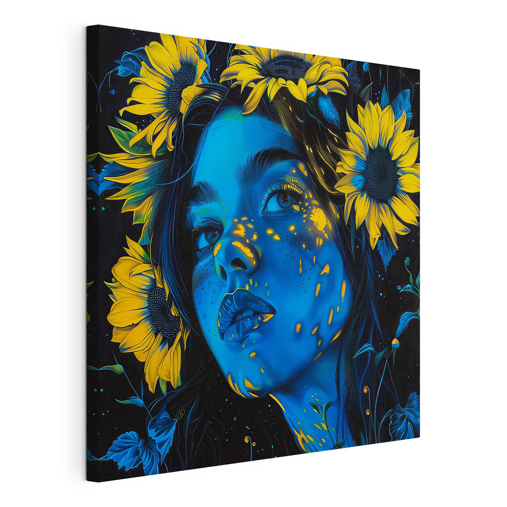 Zonnebloemen rond haar gezicht, gespannen canvas met doorlopende rand