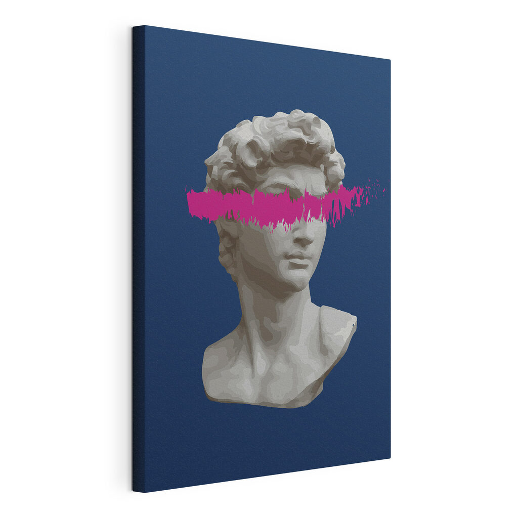 Een standbeeld van een man met een roze streep, gespannen canvas met doorlopende rand