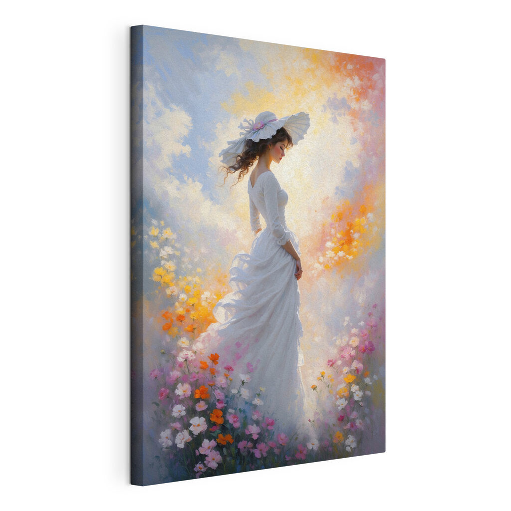 Witte jurk tussen bloemen, gespannen canvas met doorlopende rand