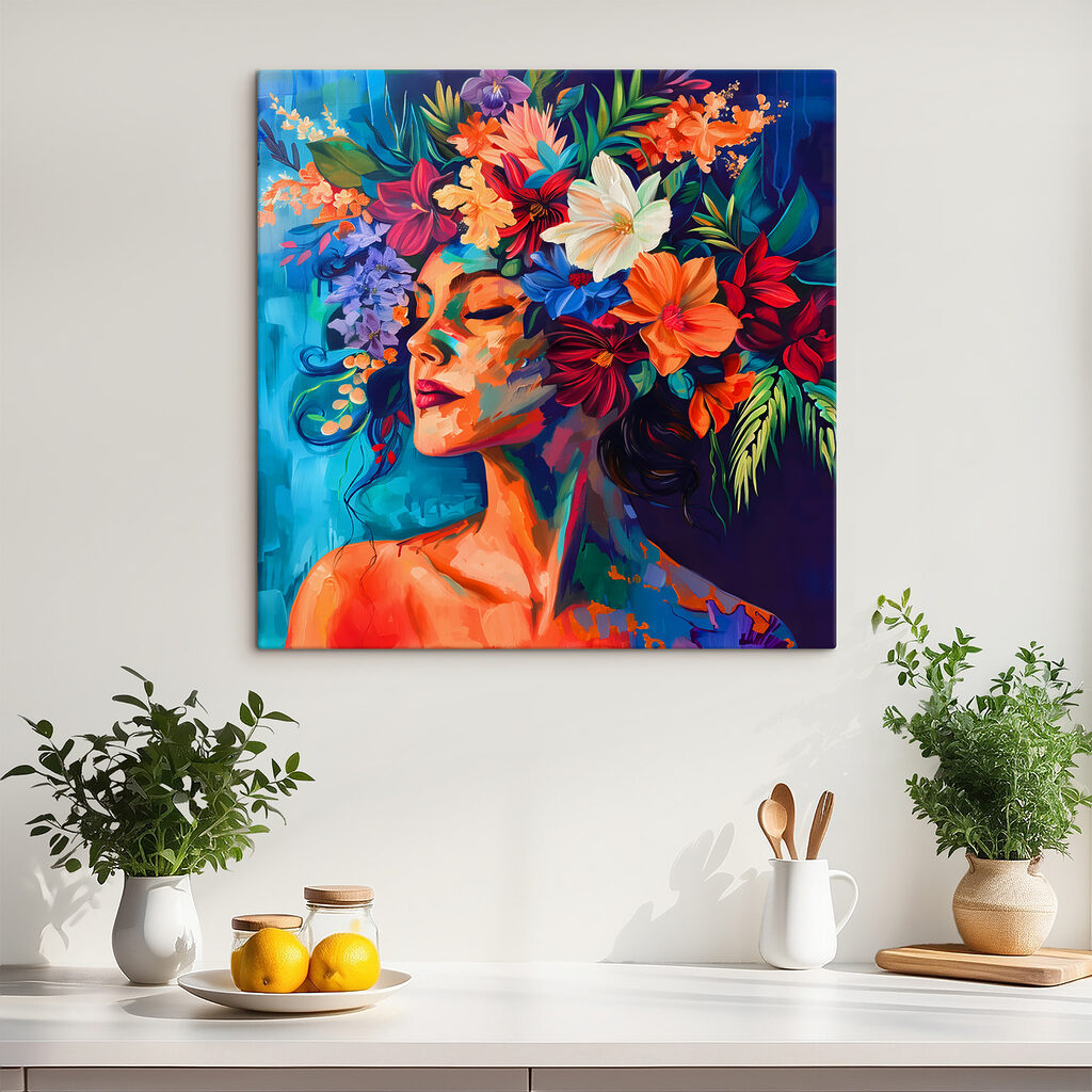 Een schilderij van een vrouw met bloemen in haar haar in een interieur