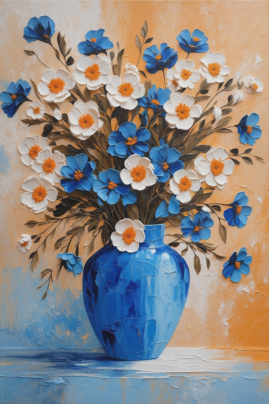 Bloemen boven blauw glas — volledig ontwerp