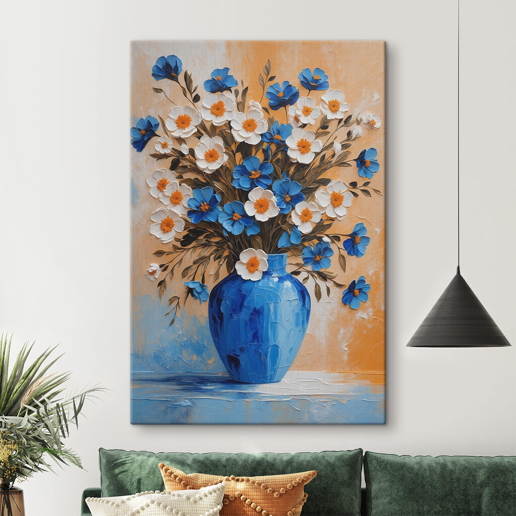 Bloemen boven blauw glas — interieur 1