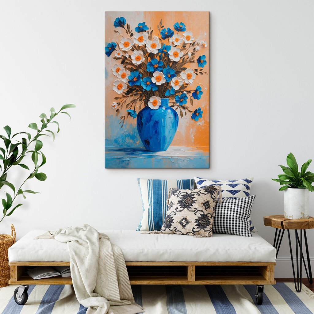 Bloemen boven blauw glas — interieur 2