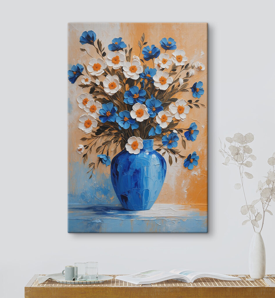 Bloemen boven blauw glas — interieur 3