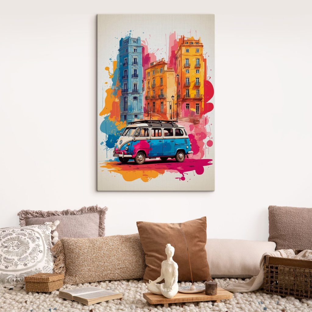 Busje langs kleurrijke gevels — interieur 2