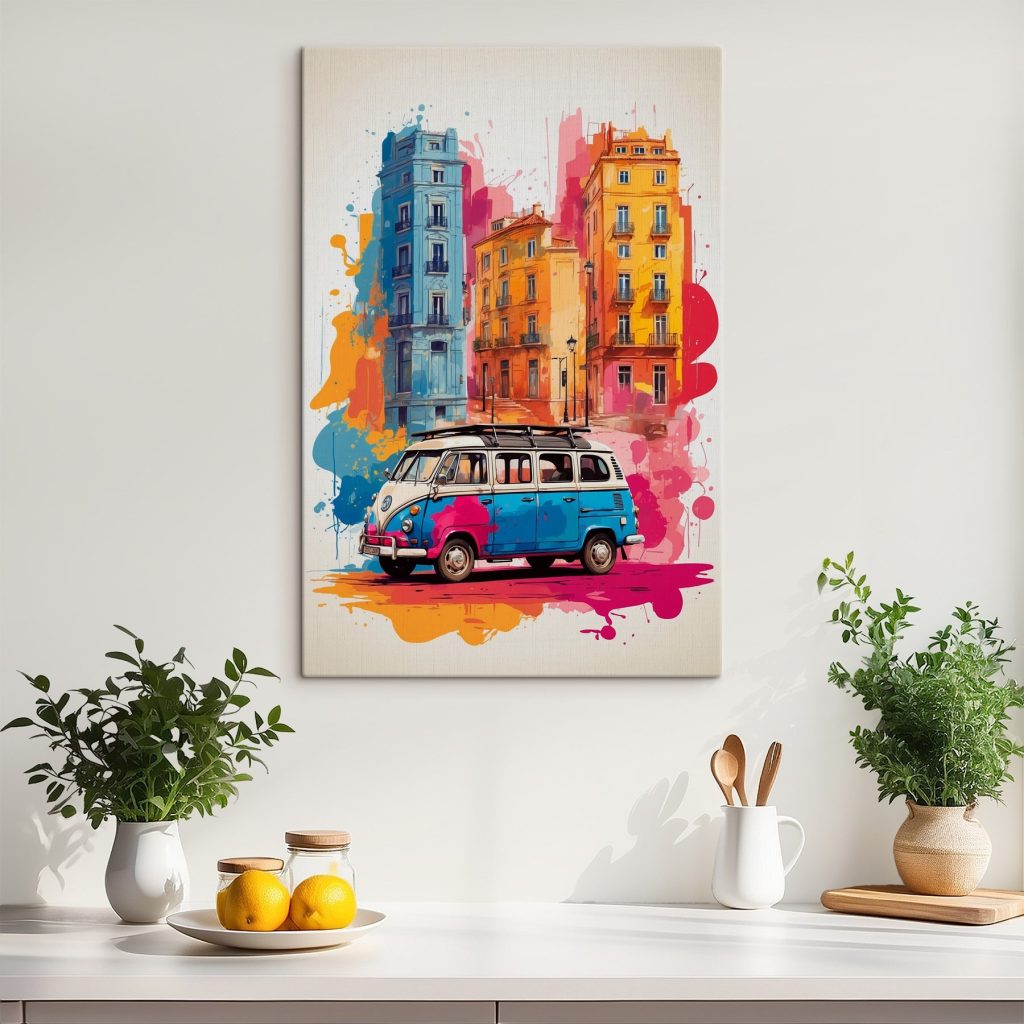 Busje langs kleurrijke gevels — interieur 1