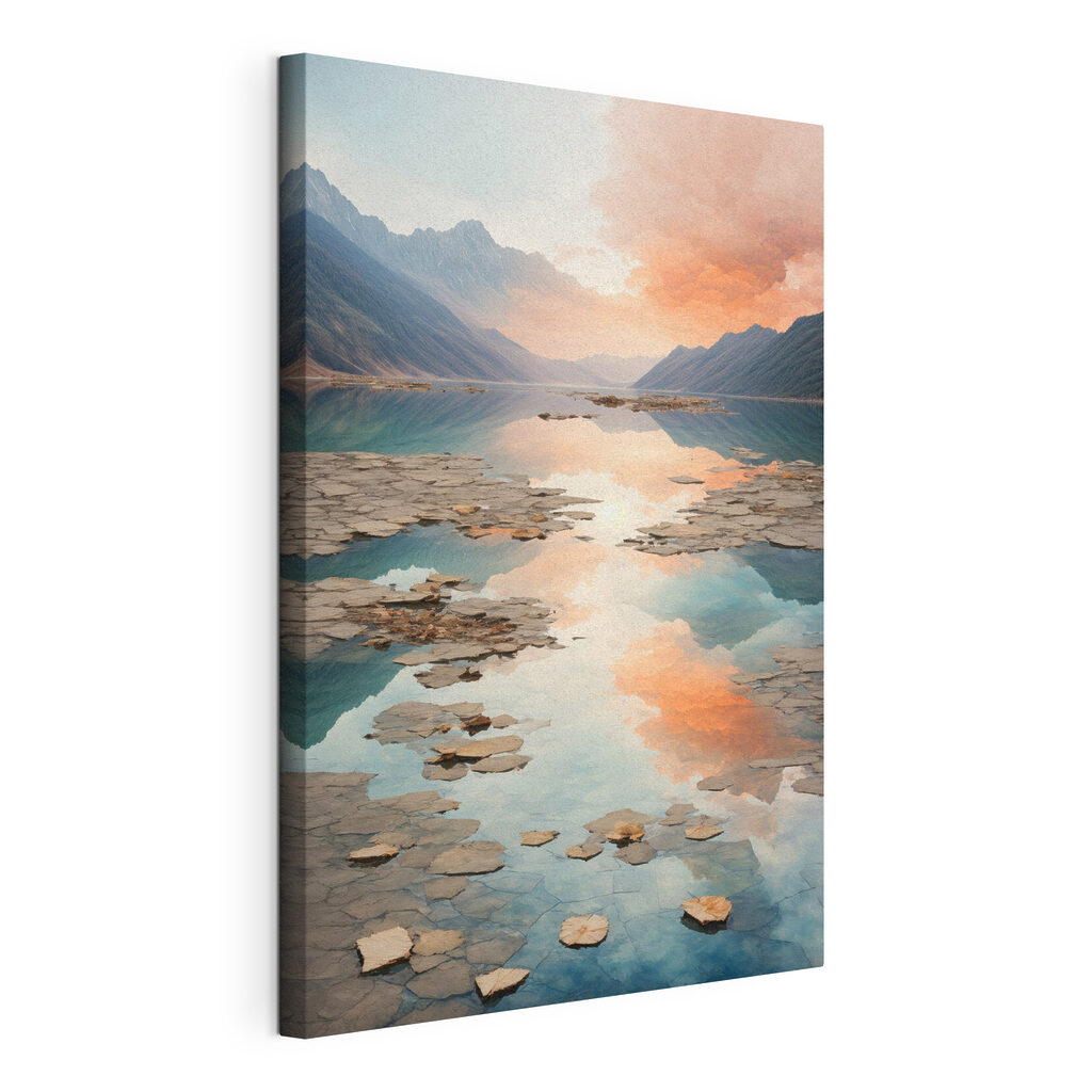 Bergen spiegelen de avond, gespannen canvas met doorlopende rand